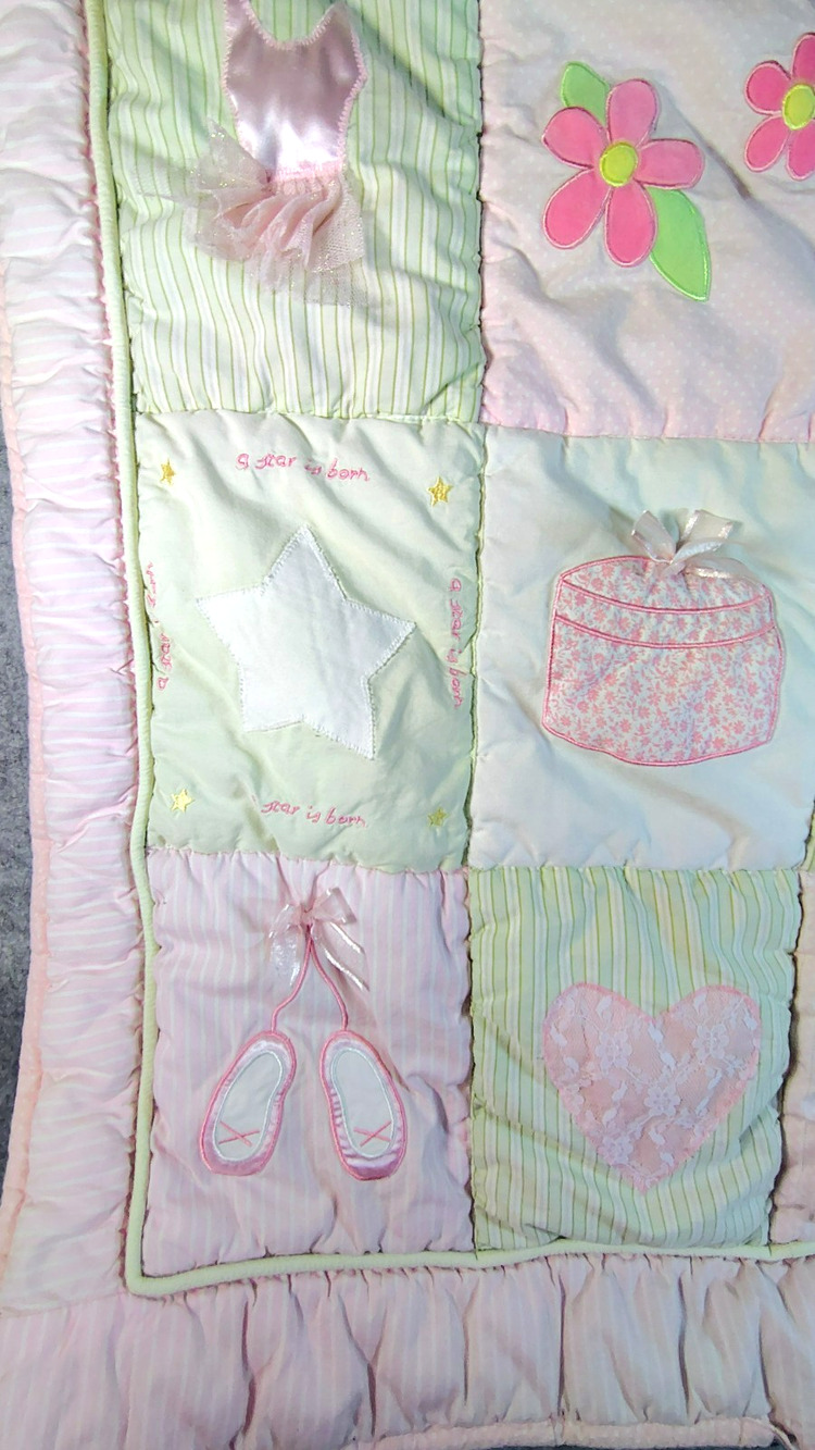 Baby Crib Quilt 3D features 4x4 patchwork. Ballerina, Crowns, Hearts 32x40